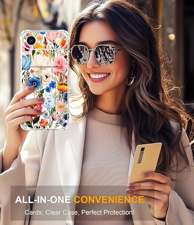 Compatible with iPhone 17 Air Case Card Holder for Women Cute Design,Wallet Phone Cases Transparent Cool Kawaii Protective (Clear Flower Art Rose Peony)
