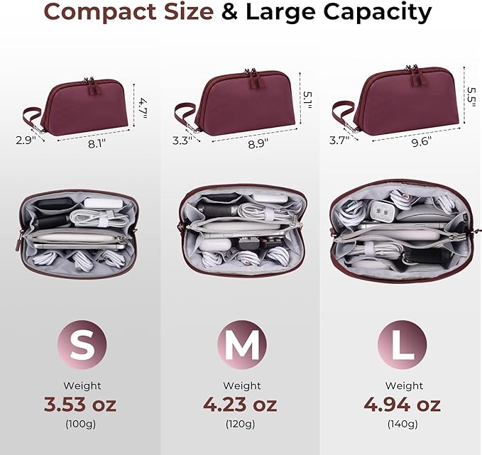 FYY Travel Cable Organizer - 8 Compartments Lightweight Water Resistant Tech Pouch with Wrist Strap, Electronic Accessories Case for Cord Charger Storage for Travel Home Office, Wine Red (Medium)