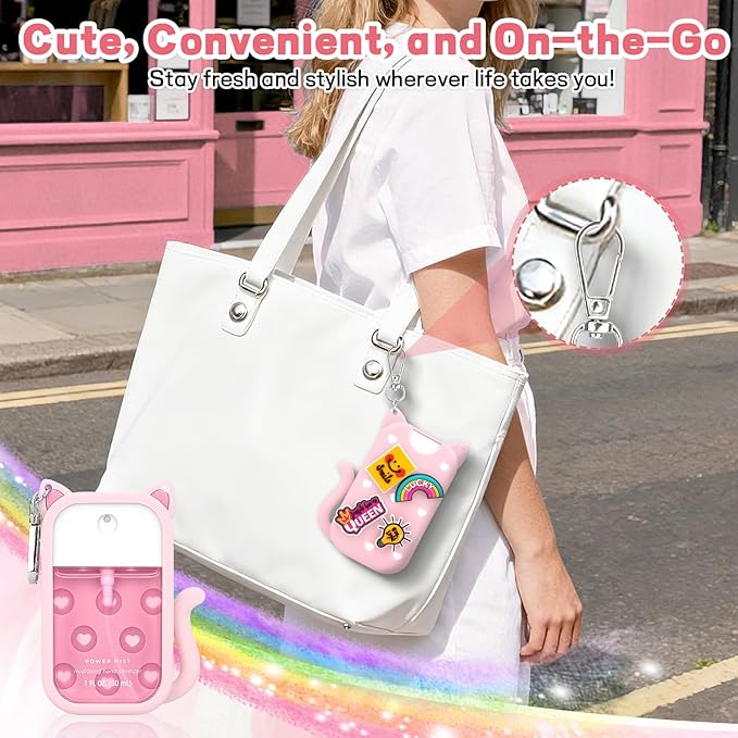 Cat Silicone Case for Touchland Hand Sanitizer Spray with Keychain,Compatible with Mist 1FL OZ/30ML for Touchland Case,4 Cute Charms Accessory sanitizer holder for touchland(1PCS Pink)