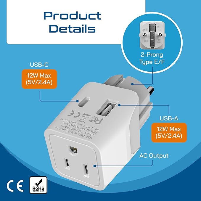 Ceptics Schuko, Germany, France, Spain Travel Adapter Plug with Dual USB - Usa Input Type E/F - Ultra Compact Perfect for Cell Phones, Laptop, Camera Chargers, iWatch, iPad, iPhone and More (CTU-9)