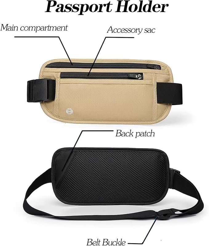 Khaki Hidden Money Belt for Travel for Men, Waist Wallet Anti Theft, RFID Passport Holder For Travel Men Or Women, Money Pouch, RFID Passport Holder