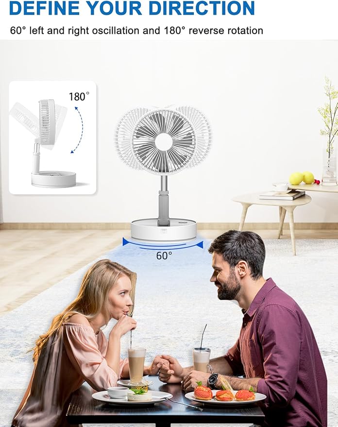 UN UNITEDTIME Oscillating Fan with Remote Control, 7200mAh Rechargeable Battery Operated Travel for Camping, 4 Speed, Timer, Height Adjustment Portable Foldable Fan for Travel, Outdoor, Home (White)
