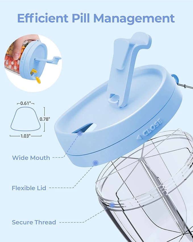 AMOOS Cute Pill Dispenser with 7 Large Compartments, Portable Pill Bottle Organizer with Wide Opening for Easy Use, Anti-Mix Pill Organizer for Travel, BPA-Free Pill Container, Blue