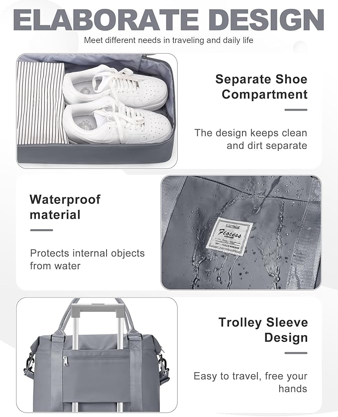 Travel Duffel Bag, 18x14x8 Inches Travel Bag Spirit with Shoes Compartment, Weekender Overnight Bag for Women with Trolley Sleeve, Carry On Bag for Airplanes Sport Tote Gym Bag SlateGrey