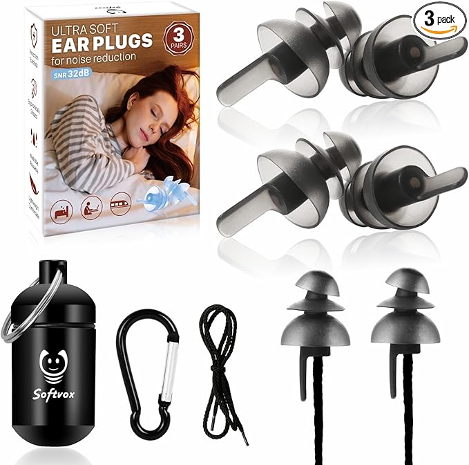 Ear Plugs for Sleeping Noise Cancelling 3 Pairs, Sound Blocking Soft Silicone Earplugs for Side Sleepers, Misophonia, Tinnitus,Sensitivity Hearing Protection - with Cord & Case, Black