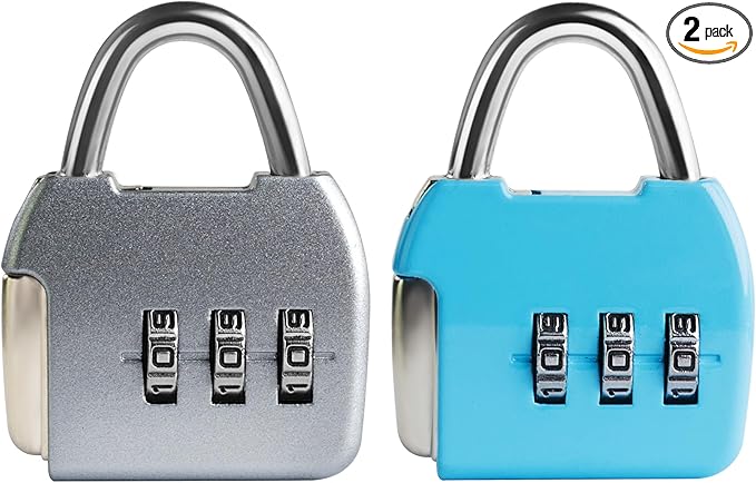 Combo Luggage Locks, 3 Digit Combination Padlock, Travel Safe Pad Lock with Code, Portable Small Zipper Lock for Backpack, Suitcase, Tool Box, Diary, Mini Locker (Silver+Blue, 2-Pack)