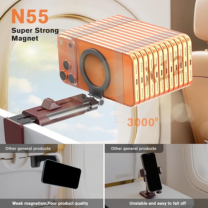 Airplane Phone Holder Travel Essentials for Women Magnetic Phone Holder for Plane Tray Table & Luggage Handle,Travel Sized 360° Rotation Foldable Desk Phone Stand for Long Flight Flying Claret