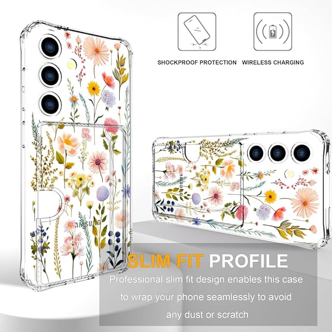 Compatible with Samsung Galaxy S24+ Plus / S25+ Plus Case Card Holder for Women Cute Design,Wallet Phone Cases Transparent Cool Kawaii Protective (Clear Watercolor Floral)