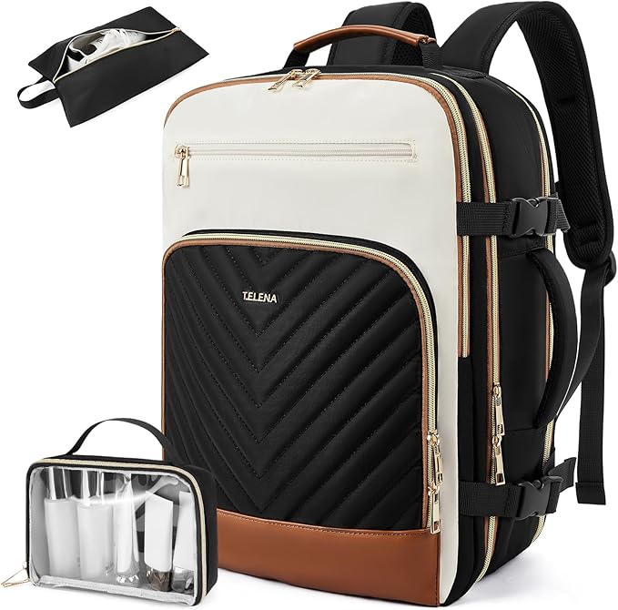 Telena Travel Backpack for Women, 17.3 inch Laptop TSA Carry On Personal Item Size Flight Approved Travel Bag Daypack with Multi-Pockets for Work, Travel, Business, Black-Beige-Brown