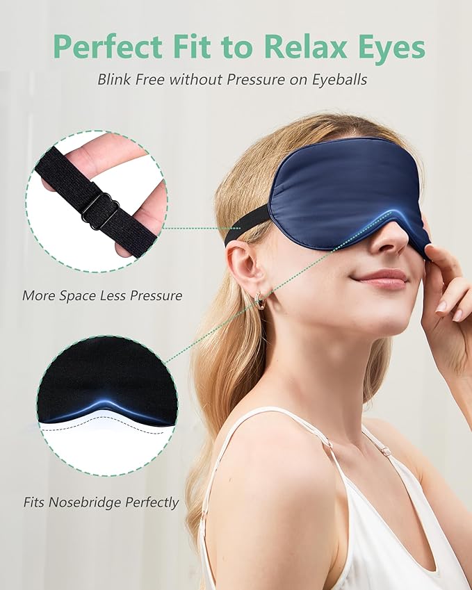 BeeVines Sleep Mask, 4 Packs 100% Real Natural Pure Silk Eye Masks with Adjustable Strap for Sleeping, Mulberry Silk Eye Sleep Shade Cover, Block Light Reduces Puffy Eyes Traveling Gifts(Blue)