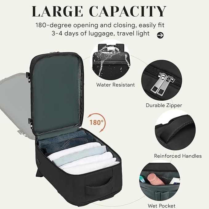 Travel Backpack, Carry On Backpack Personal Item Travel Bag, Backpack for Women and Men, 18x14x8 inches Airline Approved Travel Bag 30L, Water Resistant Casual Backpack Fits 15.6''Laptop, Black
