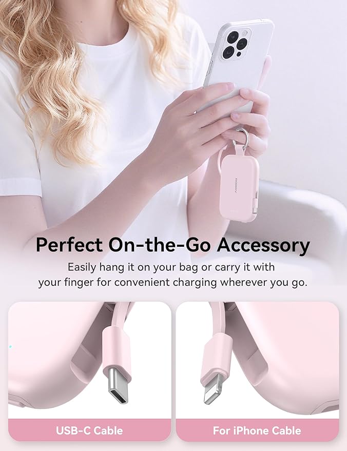 RORRY Portable Charger, 5000mAh Portable Charger Power Bank with Built-in Cables, Travel Keychain Charger Battery Pack for iPhone 17/16/15/14/13/12, for AirPods 2/3/4/Pro, Pink