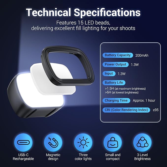 JJC Xtra Muse LED Light Compatible with DJI Osmo Pocket 3, Type-C Rechargeable Mini Video Light, 3 Color Modes/Brightness Adjustable for Pocket3 Selfie Vlog Recording, Lightweight Magnetic
