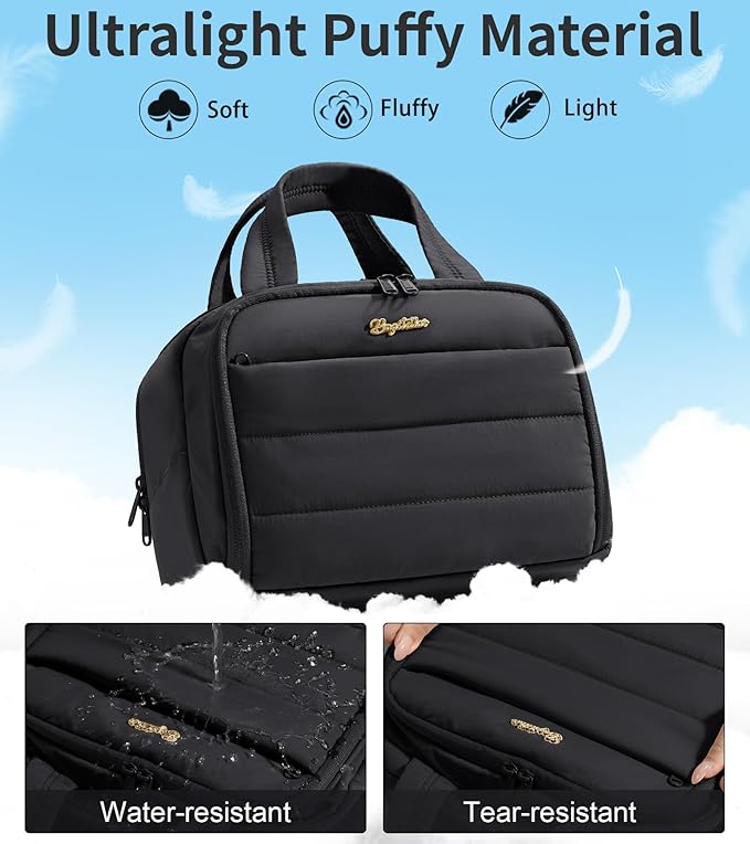 Bagstellar Travel Toiletry Bag for Women, Lightweight Large Quilted Puffy Makeup Bag Wide-open Make up Organizer Cloud Cosmetic Bag w/Handle for Traveling, Toiletries, Essentials, Accessories, Black