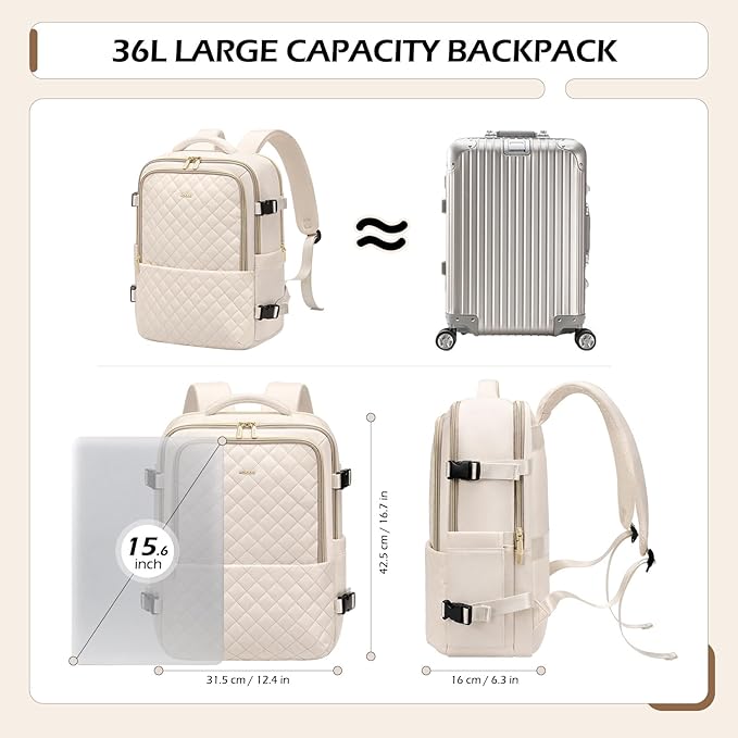 MDODO Travel Backpack for Women Men - Large Carry on Backpack fits 15.6" Laptop Lightweight Travel Bag Daypack Waterproof Causal Bookbag Backpack for College,Work,36L, Beige