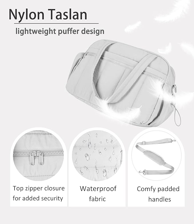 Lightweight Travel Duffle Bag for Women, Quilted Puffy Weekender with Wet Pocket for Gym, Overnight, Personal Item Carry On, Light Grey