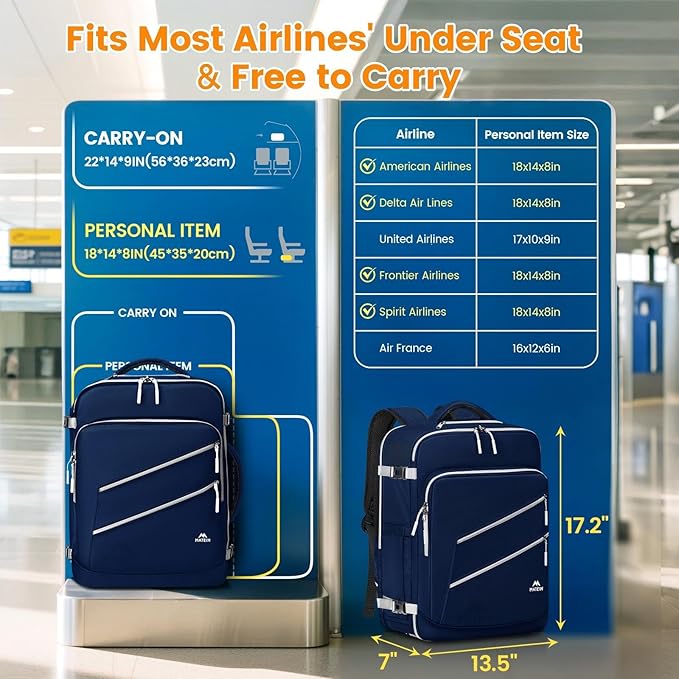 MATEIN Spirit Airlines Personal Item Bag 18x14x8 for Men & Women, 17 inch Travel Laptop Backpack with Shoe Compartment Detachable, Under Seat Carry on Bag for Flight Essentials with Tech Organizer