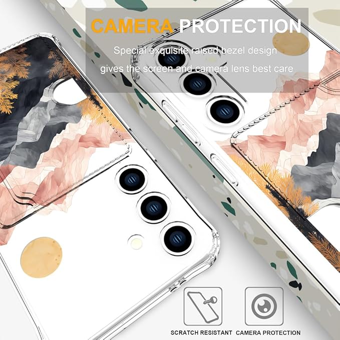 Compatible with Samsung Galaxy S24 / S25 Case Card Holder for Women Cute Design,Wallet Phone Cases Transparent Cool Kawaii Protective (Clear Mountain Hill Landscape)