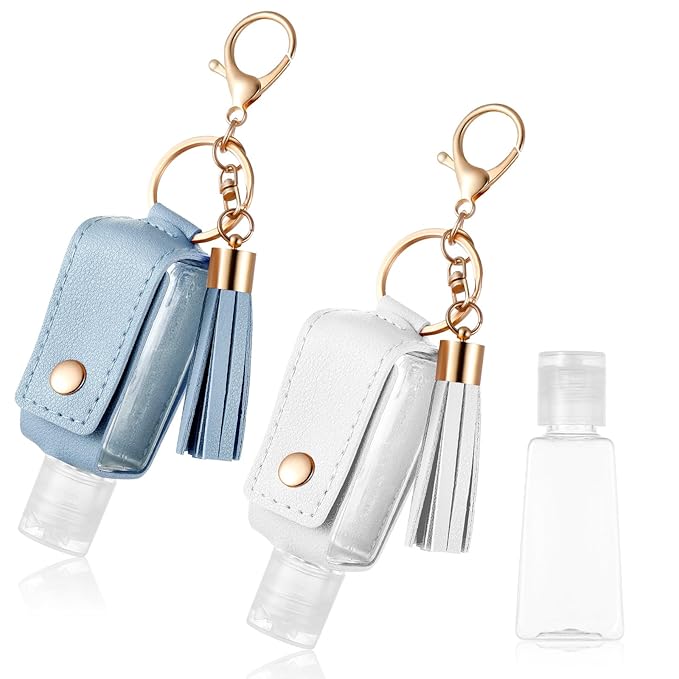 2Pcs Portable Leather Hand Sanitizer Holder, Travel Size Keychain Refillable Bottle for Toiletry Lotion Liquid Soap Shampoo (Blue, White)