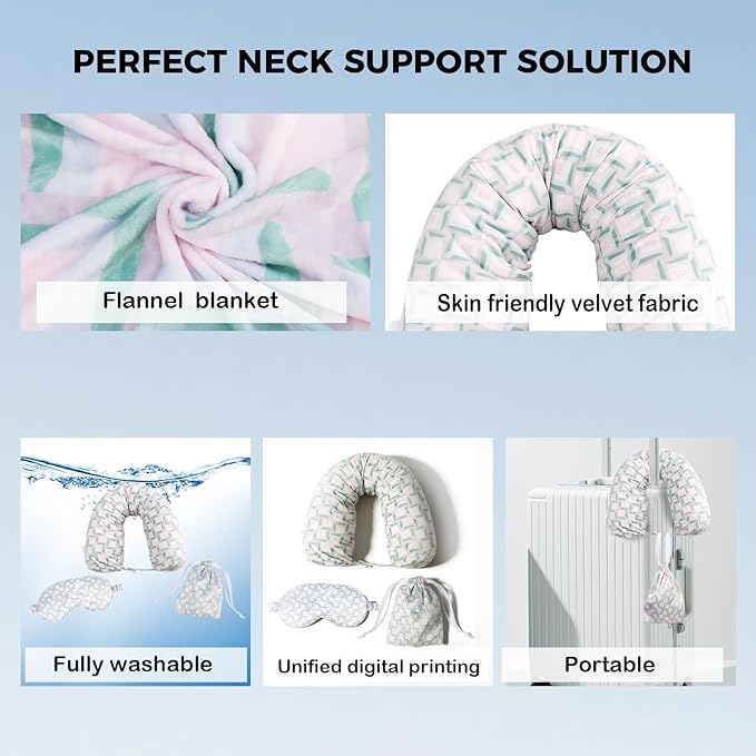 Travel Pillow with Detachable Flannel Blanket & Eye Mask – Plush Velvet Neck Support Pillow for Airplane,Car,Office Rest,Coordinated Digital Print Set (Green Pink Geometry, 60in * 79in)