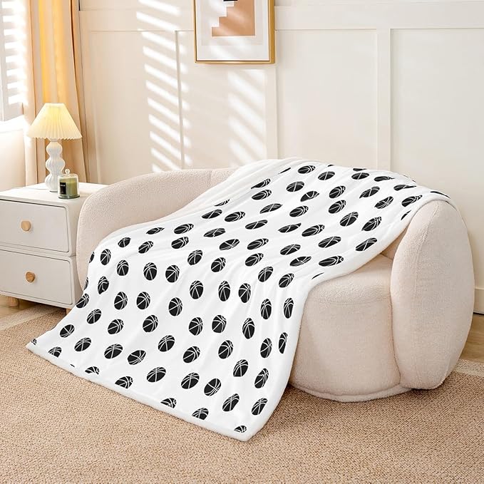 Basketball Kids Throw Blanket,Ball Sports Games Bed Blanket for Girls Boys Adults,Ball Simple Style Fashion Fleece Blanket,Black White Chic Fuzzy Blanket,Throw Size (50 x 60 Inches)