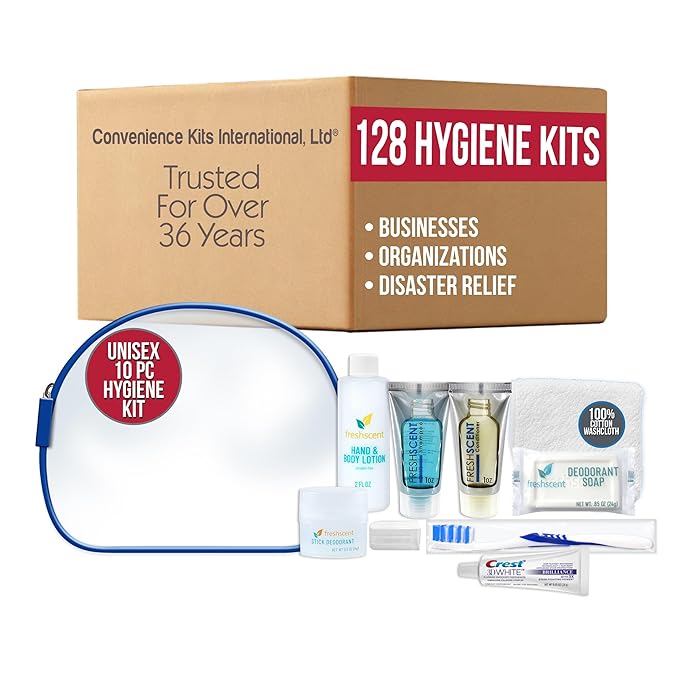 Convenience Kits International Unisex 10 Piece Hygiene Travel Kit with Shampoo, Conditioner, Lotion, Soap, Deodorant, Crest Toothpaste, Toothbrush, Cotton Washcloth (128 Kits)
