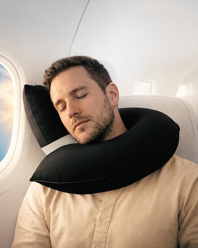 CANDY CANE Inflatable Neck Pillow for Airplane Travel with JShaped Design and 360° Support - Window Leaning Head & Chin Rest for Long Flights - Compact Blow Up for Air Travel