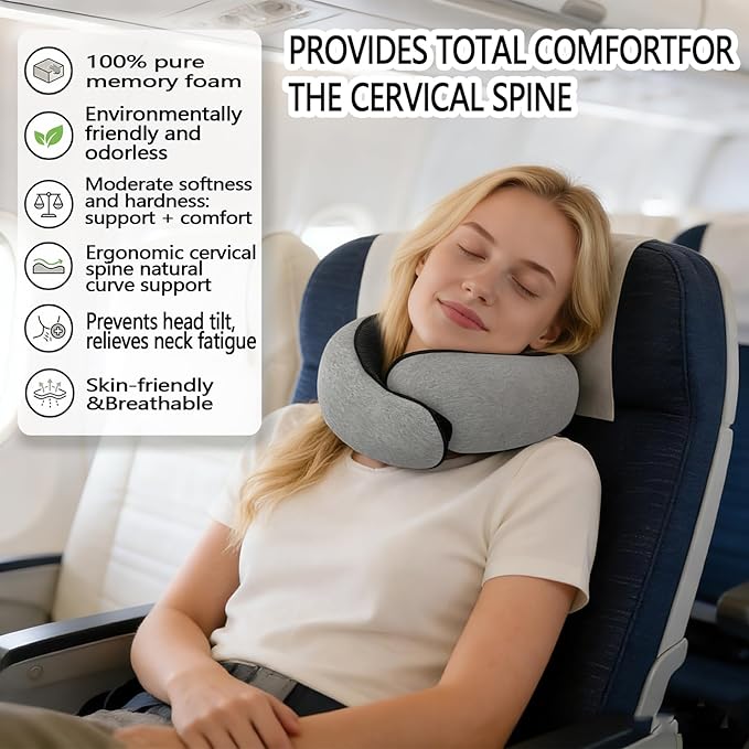 Travel Neck Pillow- 360° Ergonomic Memory Foam Travel Neck Pillow Airplane,Premium Breathable Relief Neck Pain for Long Flights,Car & Office (Gray)