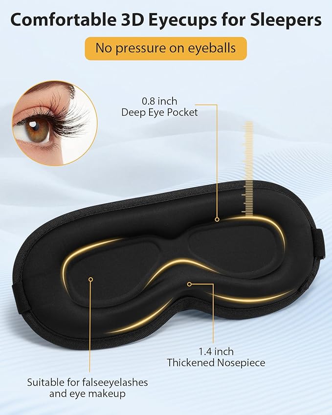 Sleep Mask with 3D Contoured Cup for Men Women, Eye Mask for Sleeping, Soft Breathable Sleeping Mask with Adjustable Elastic Strap for Travel Flight Nap (Black)