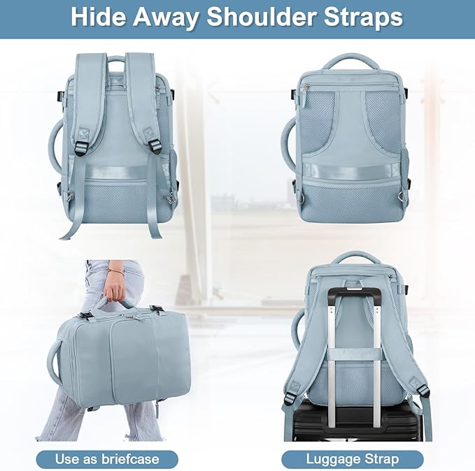 Sinaliy Travel Backpack, Carry on Flight Approved Backpack with Multi-Pockets, TSA Waterproof 17.3inch Laptop Backpack, Personal Item Travel Bag for Men Women, Light Blue
