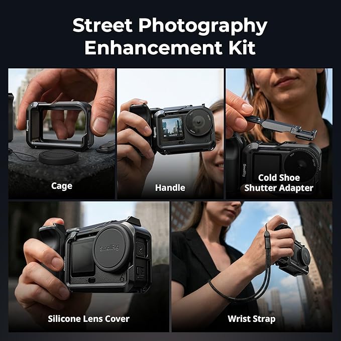 SMALLRIG Handle Grip Kit for DJI Osmo Action 6 with Metal Cage, Street Photography Grip for DJI, Action 6 Cage with Shutter Button, Cold Shoe, Wrist Strap, Lens Cover, 1/4 Threaded Hole - 6037