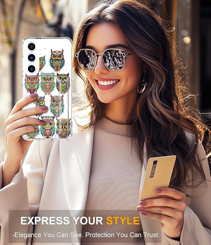 Compatible with Samsung Galaxy S24+ Plus / S25+ Plus Case Card Holder for Women Cute Design,Wallet Phone Cases Transparent Cool Kawaii Protective (Clear Colorful Owls Cartoon)