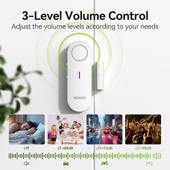 VOXON Door Alarms for Kids Safety - Window Alarms for Personal Home Security - 2 in 1 Chime/Alarm | 3-Level Volume Control - Burglar Door Sensor Alarm for Pool House Rooms Garage RVs - 2 Pack