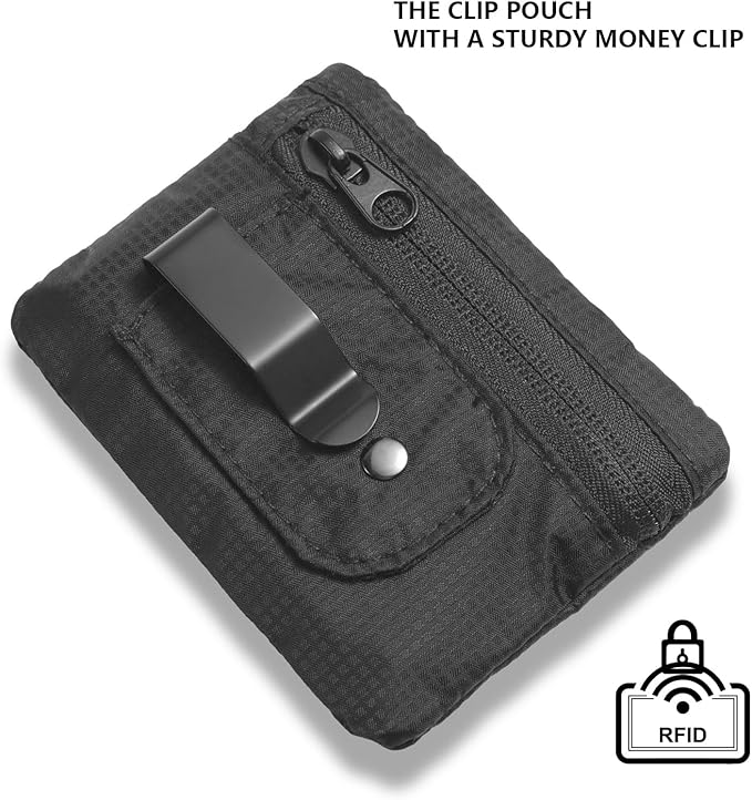 KOSMCCO RFID Blocking Clip Stash Pocket, Compact Hidden Travel Belt Wallet for Cards & Cash - Slim Pickpocket-Proof Design for Everyday Carry, Black