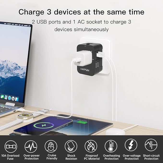 HAPOW Universal Travel Adapter - 1 USB-C & 1 USB-A Fast Charging Travel Charger, Worldwide Plug Adapter for EU UK USA AU, Black
