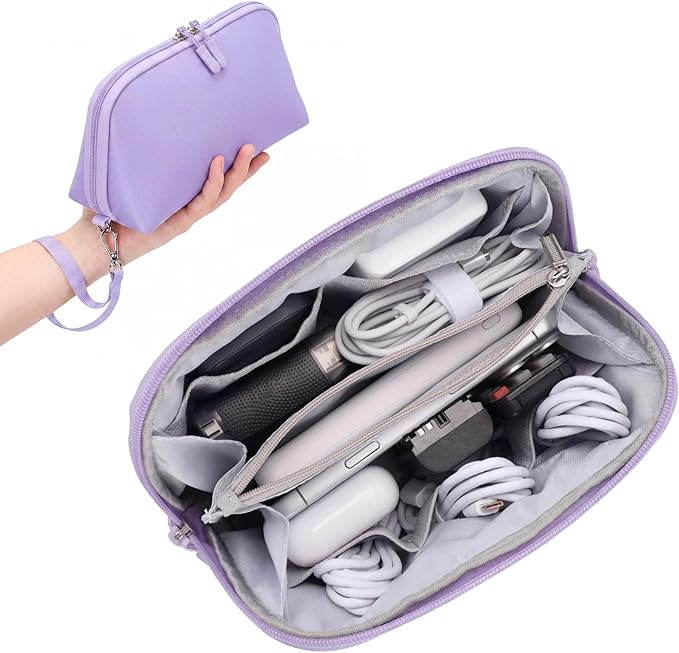 FYY Travel Cable Organizer - 8 Compartments Lightweight Water Resistant Tech Pouch with Wrist Strap, Electronic Accessories Case for Cord Charger Storage for Travel Home Office, Purple (Medium)
