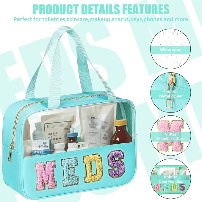 BuyCard Chenille Letter Patch Clear Travel Bags, Preppy PVC&Nylon Makeup Bag with Handle and Zipper, Waterproof Large Clear Travel Toiletry Bag Storage Bag for Women Girls