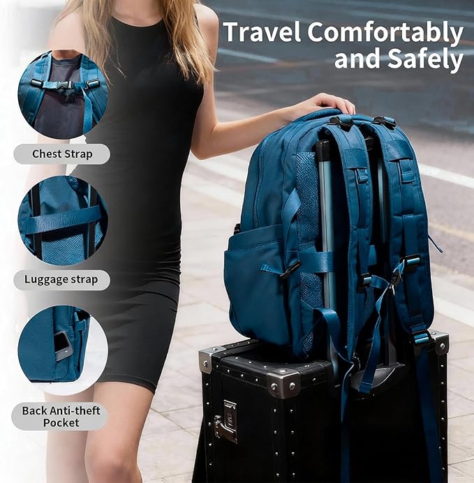 Travel Backpack for Women Men Carry on Backpack, Airline Approved Large Travel Bag Flight Approved Personal item, 15.6 Inch Laptop Backpack Casual Daypack for Weekender Hiking-DEEP BLUE