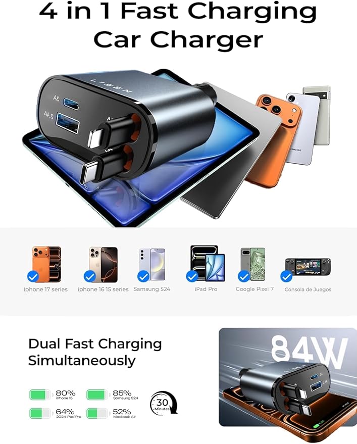 LISEN Retractable Car Charger, Gifts for Mothers Day 2026, 84W Car Charger USB C Fast Charge, Gifts for Mom Dad Him Her, Travel Essentials Car Accessories for Men Women Gifts for iPhone 17 16 15 14 13