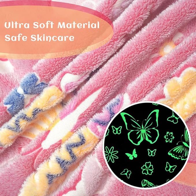 Wajade Glow in The Dark Butterfly Blanket for Girls, Soft Cozy Flannel Kids Throw Blanket for Boys and Girls, Cute Kids Blanket for Sofa Couch Bed, Christmas Birthday Gift 60"x80"