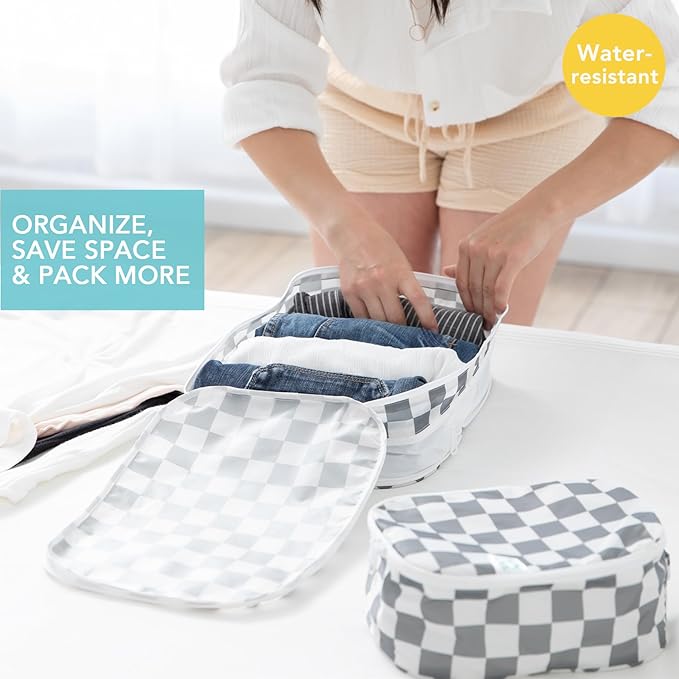 Bumkins Packing Cubes for Travel Bag, Organize Luggage with Compression Bags, Essential Traveling Accessories to Pack Carry On Suitcase, Must for Clothes or Toiletries, Set of 2 Sizes, Gray Check