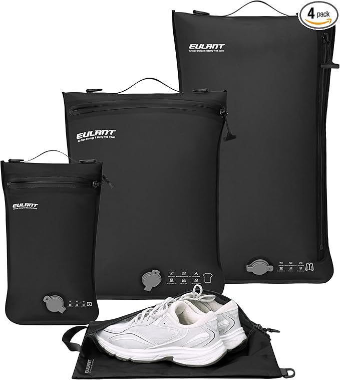 Eulant 4 Set Vacuum Packing Bags for Travel With Pump,Professional IPX8 Zip Packing Organizer for Suitcases Backpack,Space Saver Bags Packing Organizers for Clothing Packing(4 Set No Pump,Black)