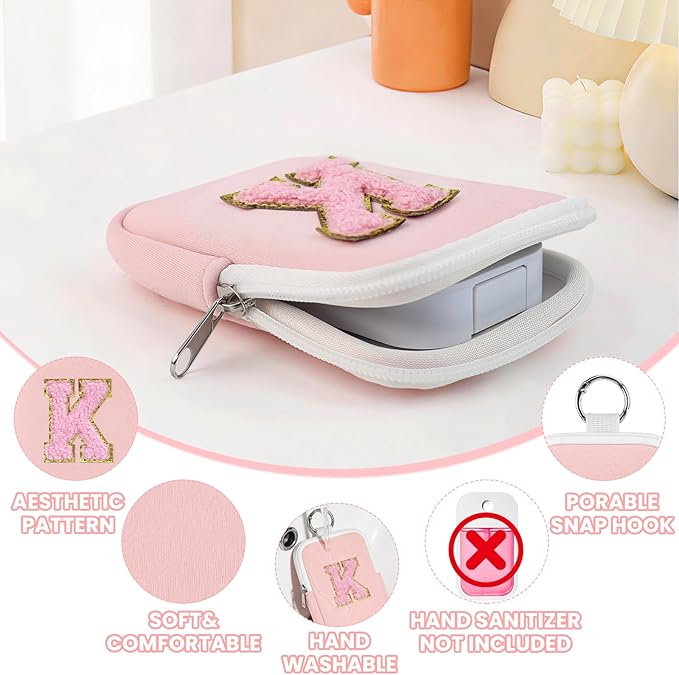 Shenier Alphabet Zippered Case with Keychain, Cute Design, Compatible with Touchland Power Mist Gentle/Glow Mist Hand Sanitizer Spray, Pink-K