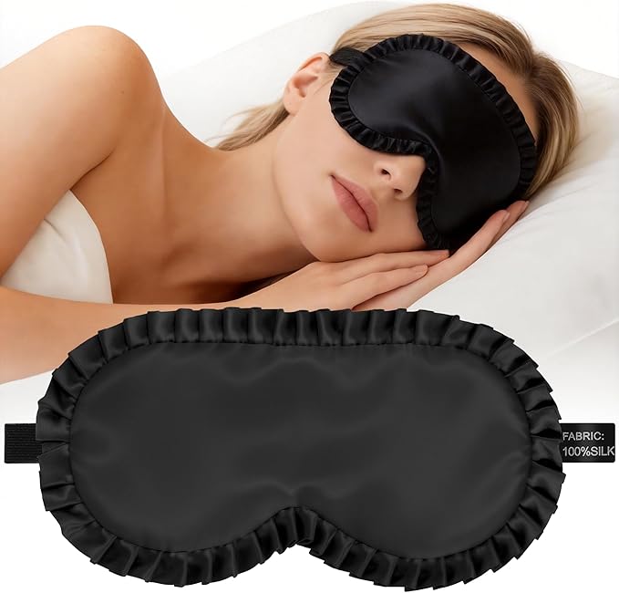 Silk Sleep Mask for Women: 100% Mulberry Silk Eye Mask, Black Back Sleeping Mask for Light Blocking, Soft Wavy Edge Eye Cover and Adjustable Strap, Travel & Sleep Gift (Black)