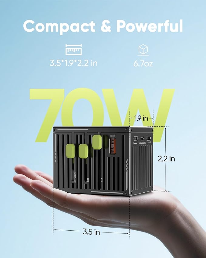 TenTrend 70W Universal Travel Adapter with 4 USB-C & 1 USB-A Ports, International Power Adapter, European Travel Plug Adapter, Worldwide Travel Essentials for EU UK AUS USA