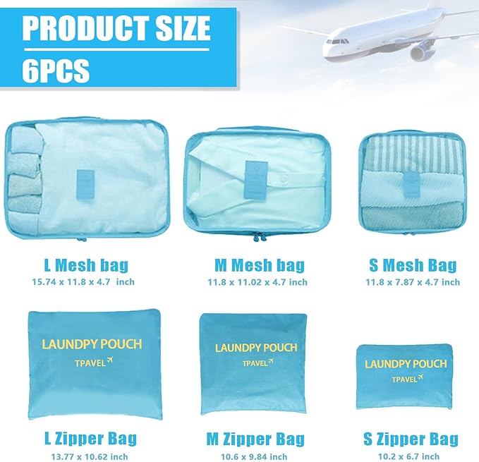 12 Set Packing Cubes for Travel Luggage Packing Bags Reusable Waterproof Suitcase Organizer Bags Set with Shoe Bag and Toiletry Bag (Sky Blue+Navy Blue)