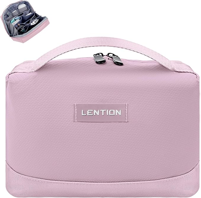 LENTION Premium Electronics Organizer Case with Handle, Large Multi-Compartment Travel Tech Bag for Tablet, Chargers, Cables, AirPods & Toiletries, Waterproof Travel Accessory Organizer (M372 Pink)