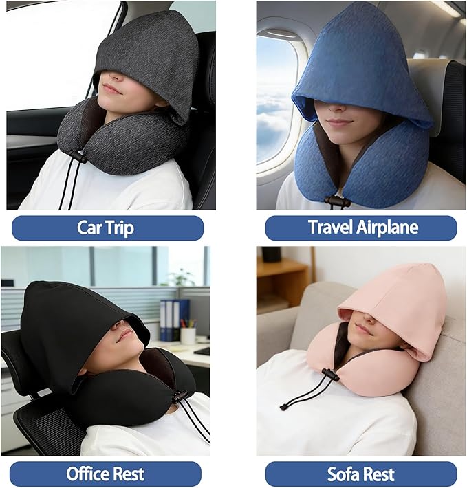 Travel Neck Pillow with Hood Memory Foam Sleeping Airplane Pillows Long Flight Neck Support Plane Essentials Grey