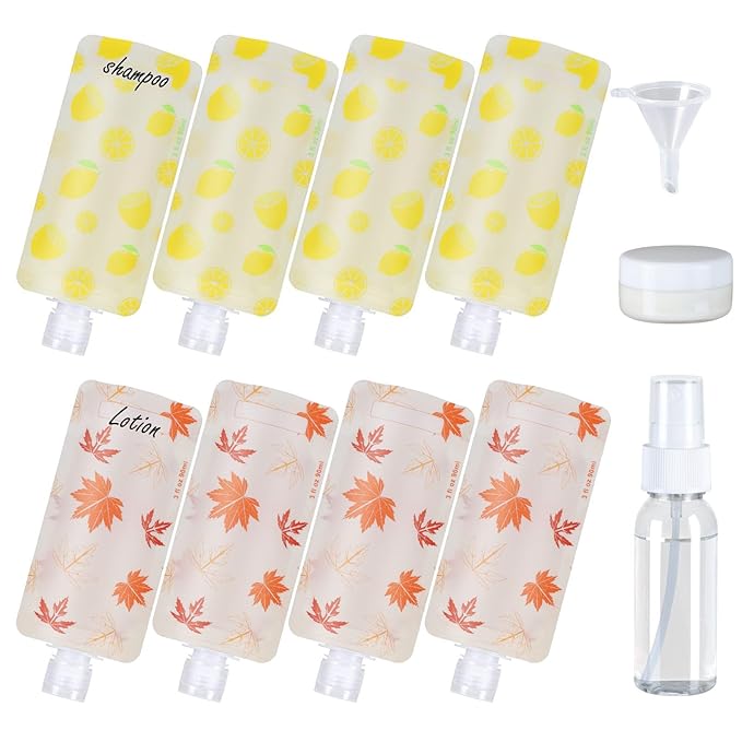 PACKISM 11 Pack Travel Pouches for Toiletries, 3 oz TSA Approved Liquid Containers, Leak Proof Squeeze Bags for Cruise & Camping, Space Saving Refillable Carriers, Active Yellow Lemon Red Maple Leaf