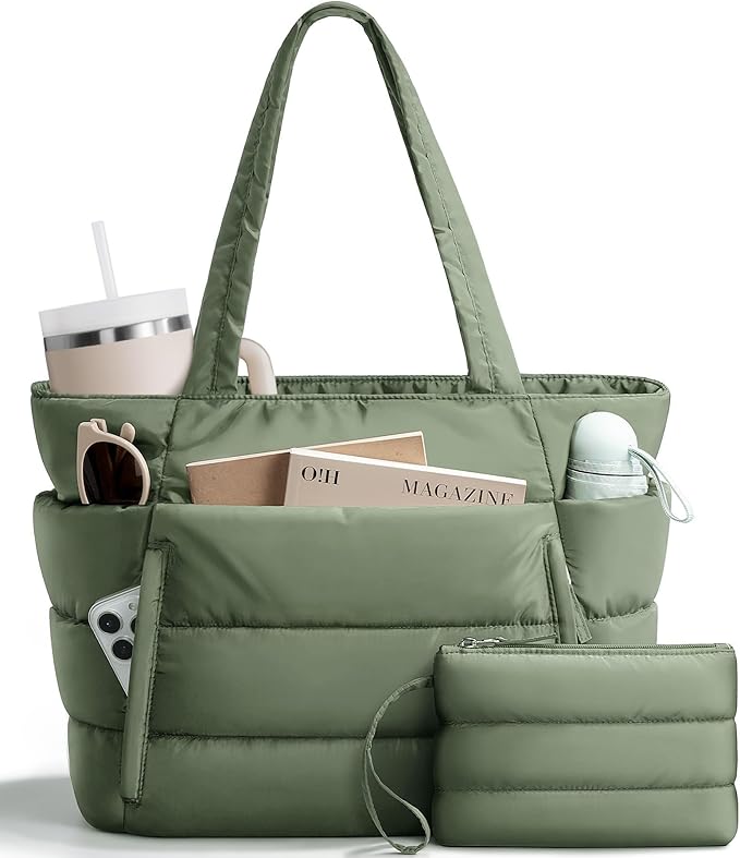 Bagstellar Puffer Tote Bag for Women, Lightweight Puffy Work Handbag Teacher Nurse Quilted Shoulder Bag for School Travel Gym | Cloud Bag w/ Zipper, Daily College Bags, 15.6" Computer Bag, Clinical Nursing Bag, 40 OZ Tumbler Holder, Ideal Gift for Women